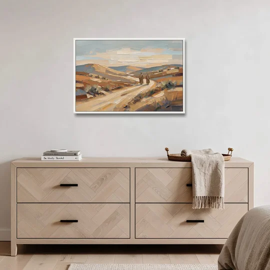 Biblical Wall Art of Two Walking the Judean Road - White Framed Canvas Wall Art - Coffee Table - 36x24