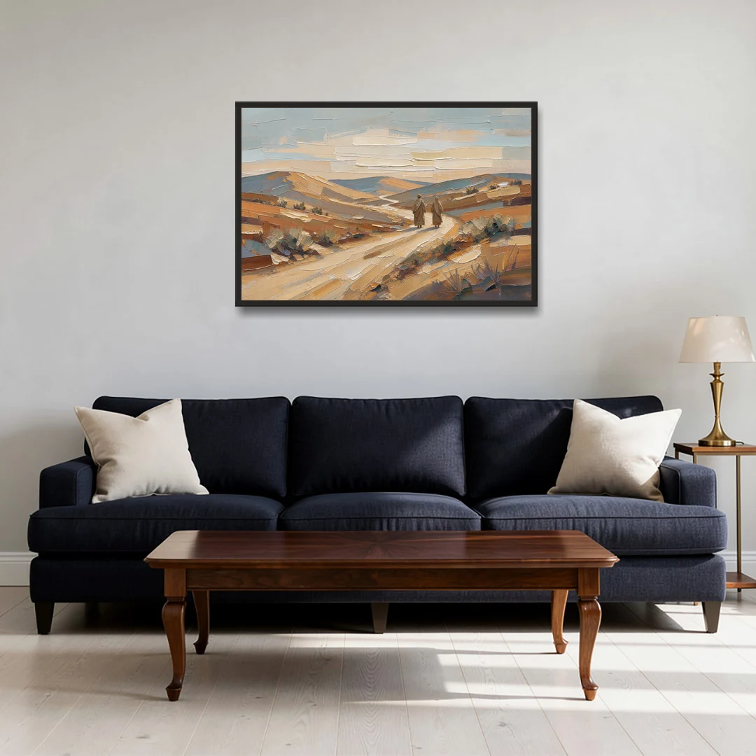 Biblical Wall Art of Two Walking the Judean Road - Black Framed Canvas Wall Art - Sofa - 36x24