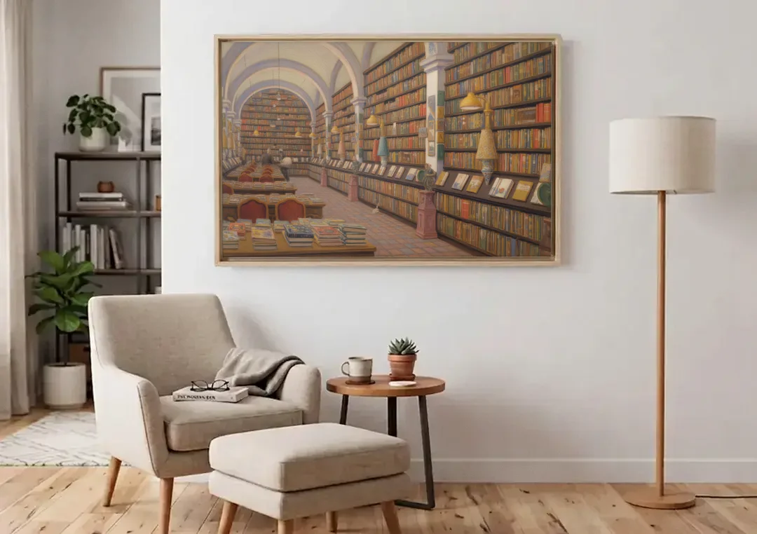 Biblioteca Palafoxiana canvas wall art above an armchair in a bright living room