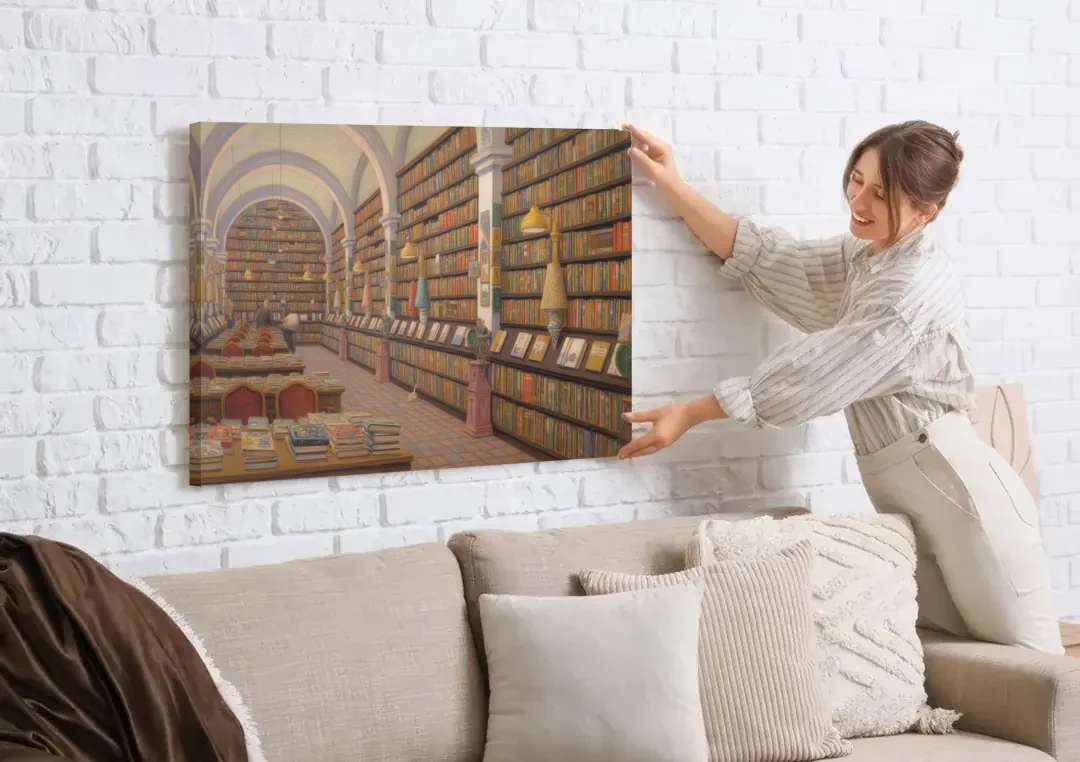 Biblioteca Palafoxiana canvas wall art being hung on a white brick wall above a sofa