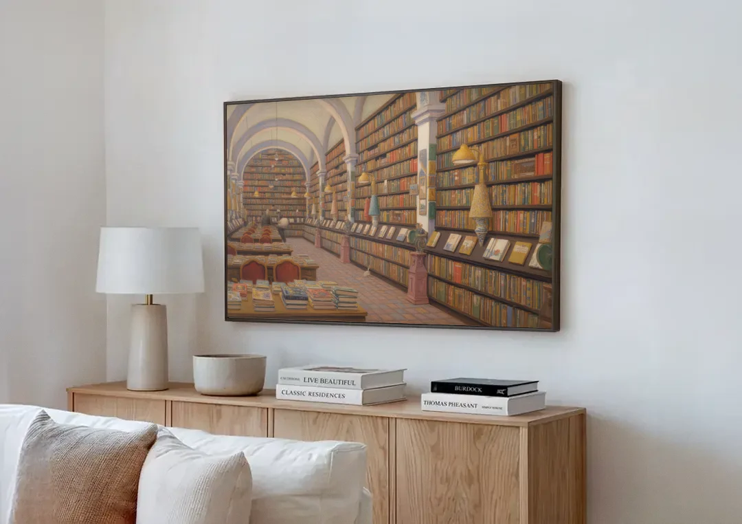 Biblioteca Palafoxiana canvas wall art above a wooden sideboard next to a sofa