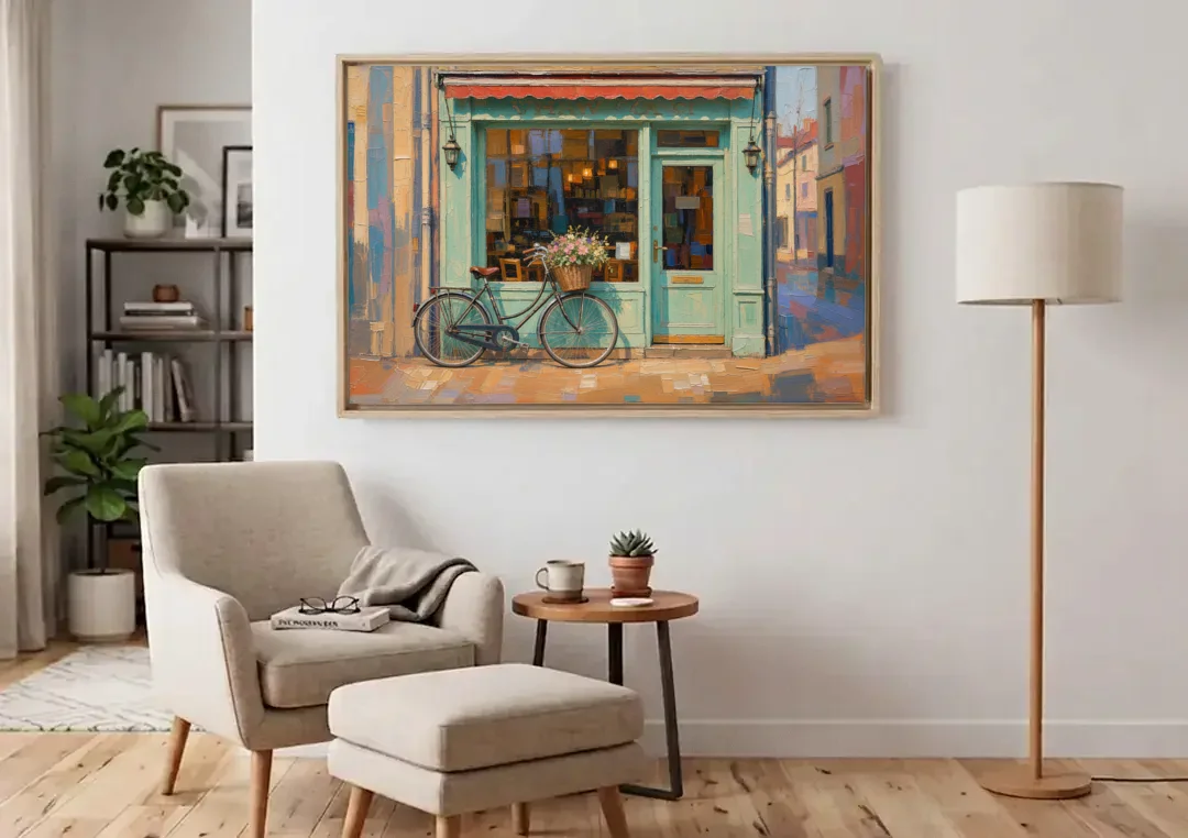 Bicycle Wall Art at the Mint Green Cafe canvas wall art above an armchair in a bright living room
