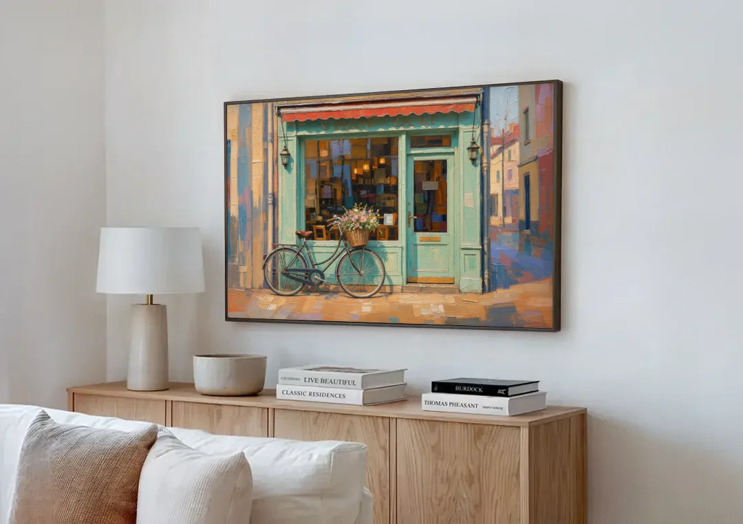 Bicycle Wall Art at the Mint Green Cafe canvas wall art above a wooden sideboard next to a sofa