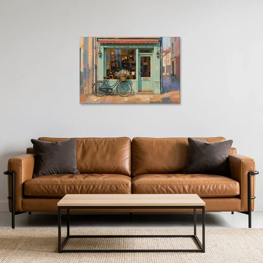 Bicycle Wall Art at the Mint Green Cafe - Canvas Wall Art - Sofa - 36x24