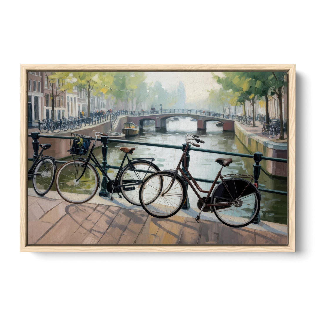 Bicycles of Amsterdam - Oak Framed Canvas Wall Art - Front