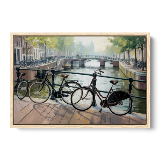 Bicycles of Amsterdam - Oak Framed Canvas Wall Art - Front