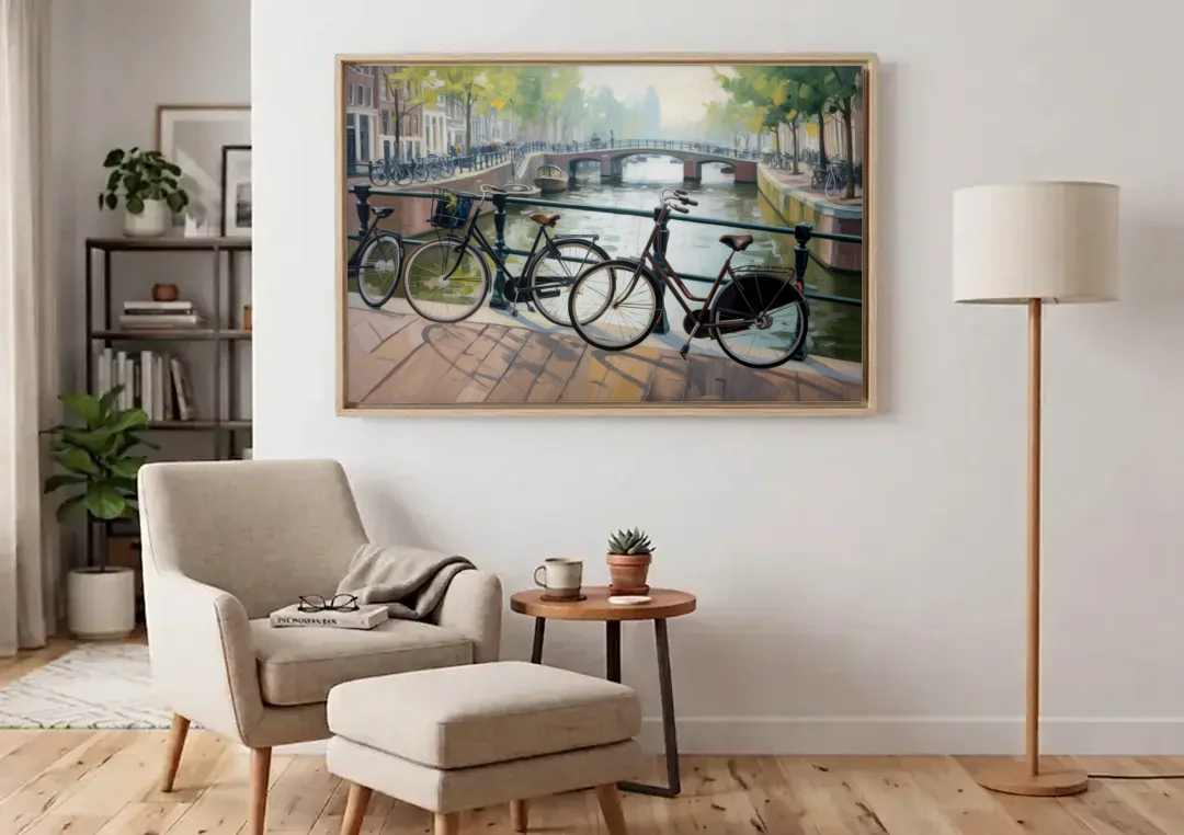 Bicycles of Amsterdam canvas wall art above an armchair in a bright living room