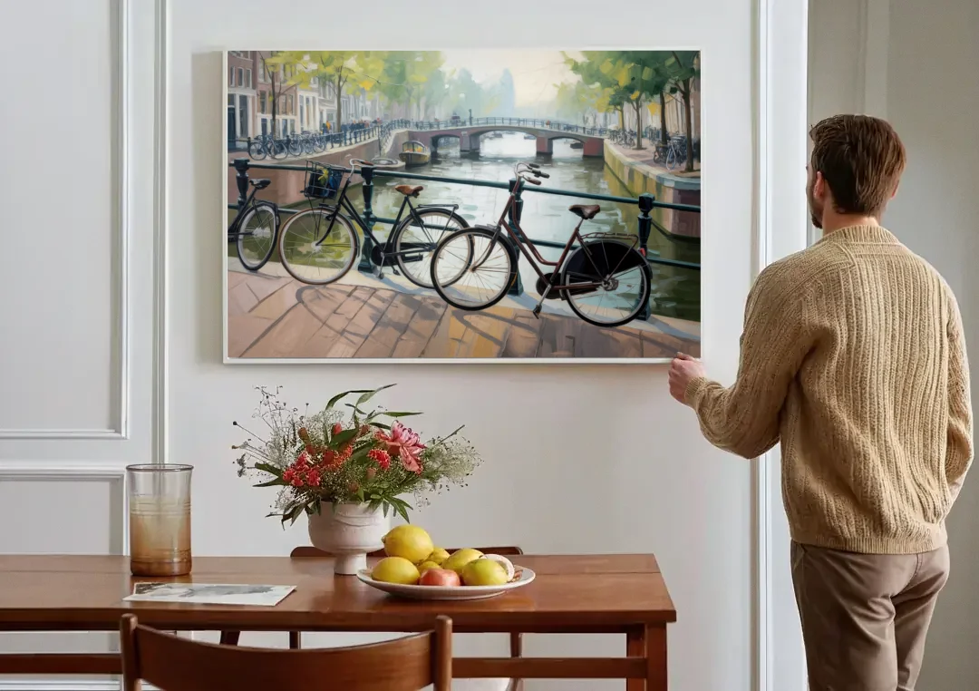 Bicycles of Amsterdam canvas wall art above a dining table