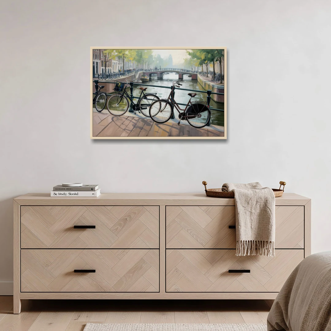 Bicycles of Amsterdam - Oak Framed Canvas Wall Art - Coffee Table - 36x24