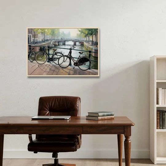 Bicycles of Amsterdam - Oak Framed Canvas Wall Art - Office - 36x24