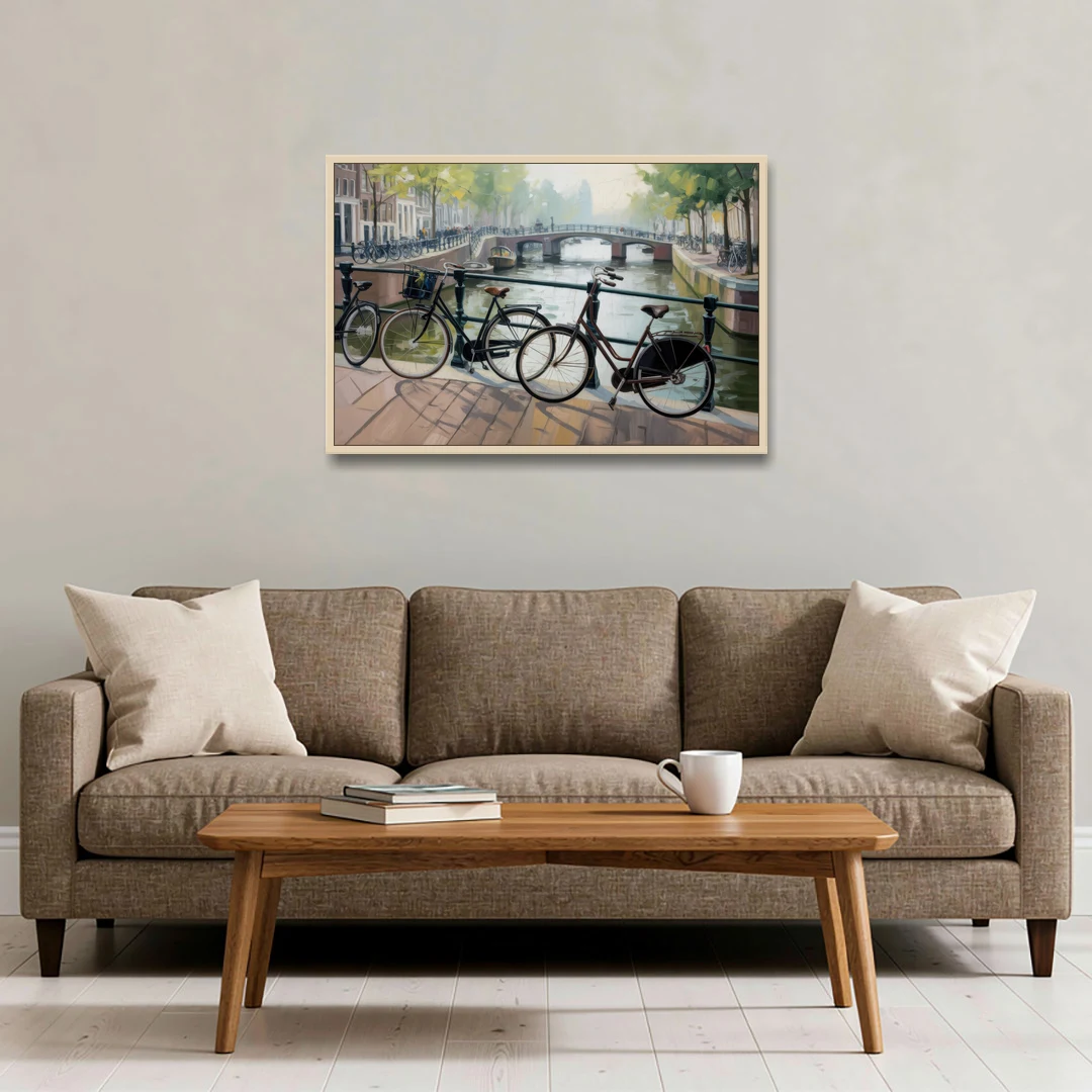 Bicycles of Amsterdam - Oak Framed Canvas Wall Art - Sofa - 36x24