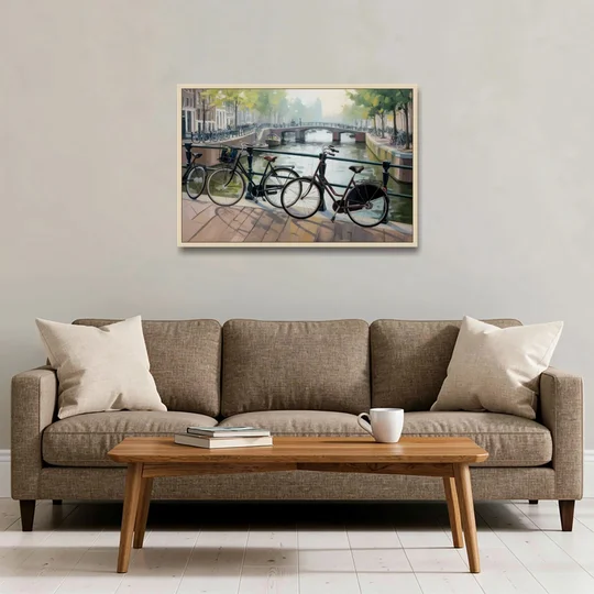 Bicycles of Amsterdam - Oak Framed Canvas Wall Art - Sofa - 36x24