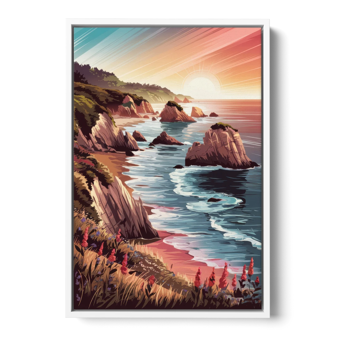 Big Sur Coastal Sunset - White Framed Canvas Wall Art - Front
