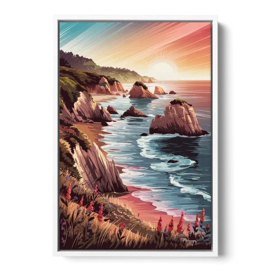 Big Sur Coastal Sunset - White Framed Canvas Wall Art - Front