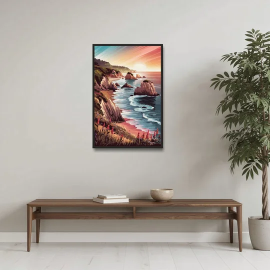 Big Sur Coastal Sunset - Black Framed Canvas Wall Art - Coffee Table - 24x36