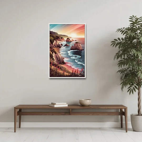 Big Sur Coastal Sunset - White Framed Canvas Wall Art - Coffee Table - 24x36