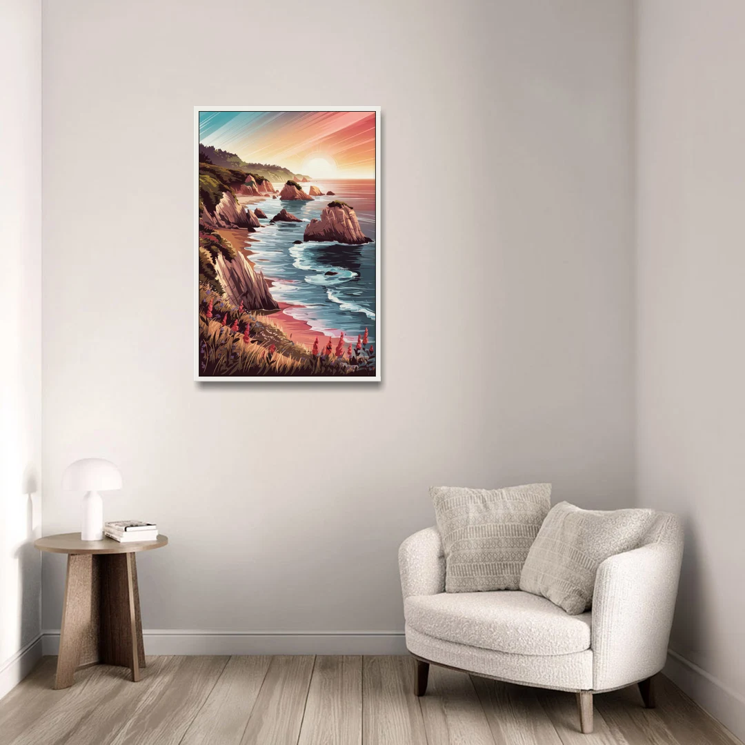 Big Sur Coastal Sunset - White Framed Canvas Wall Art - Sofa - 24x36