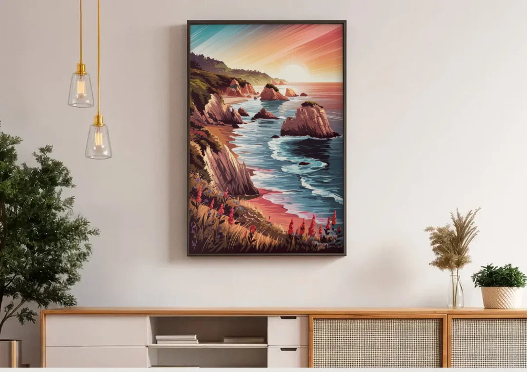 Big Sur Coastal Sunset canvas wall art above a wooden sideboard under pendant lights