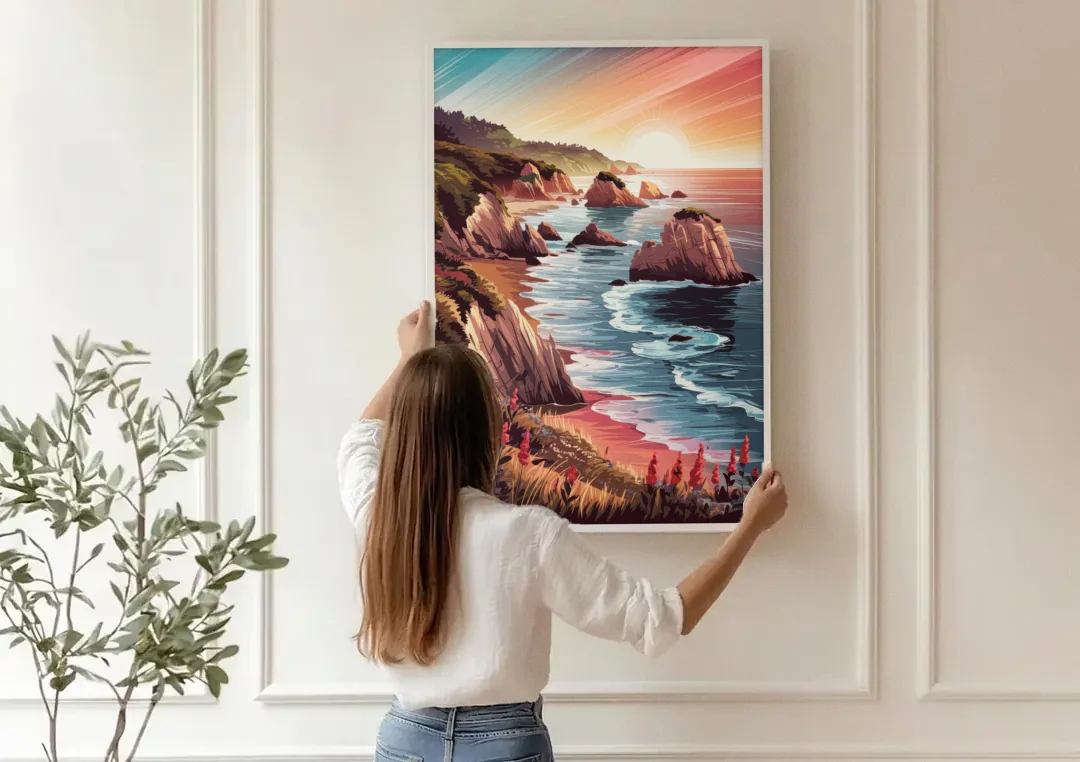 Big Sur Coastal Sunset canvas wall art being hung on a paneled wall