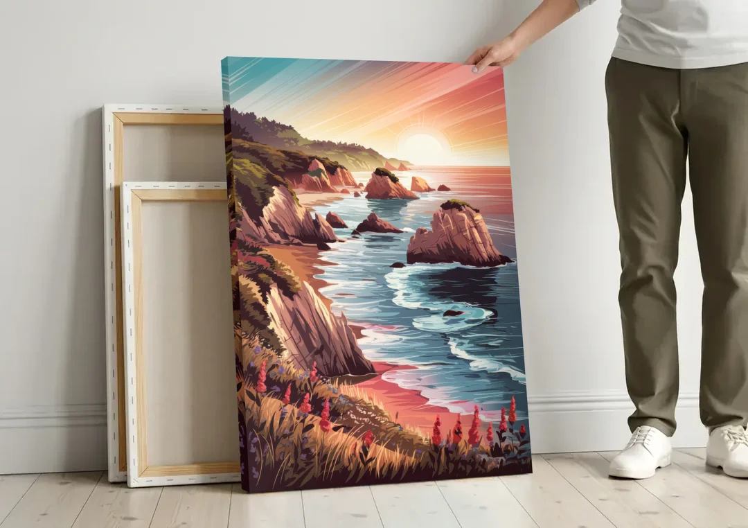 Big Sur Coastal Sunset canvas wall art leaning against a wall next to blank canvases