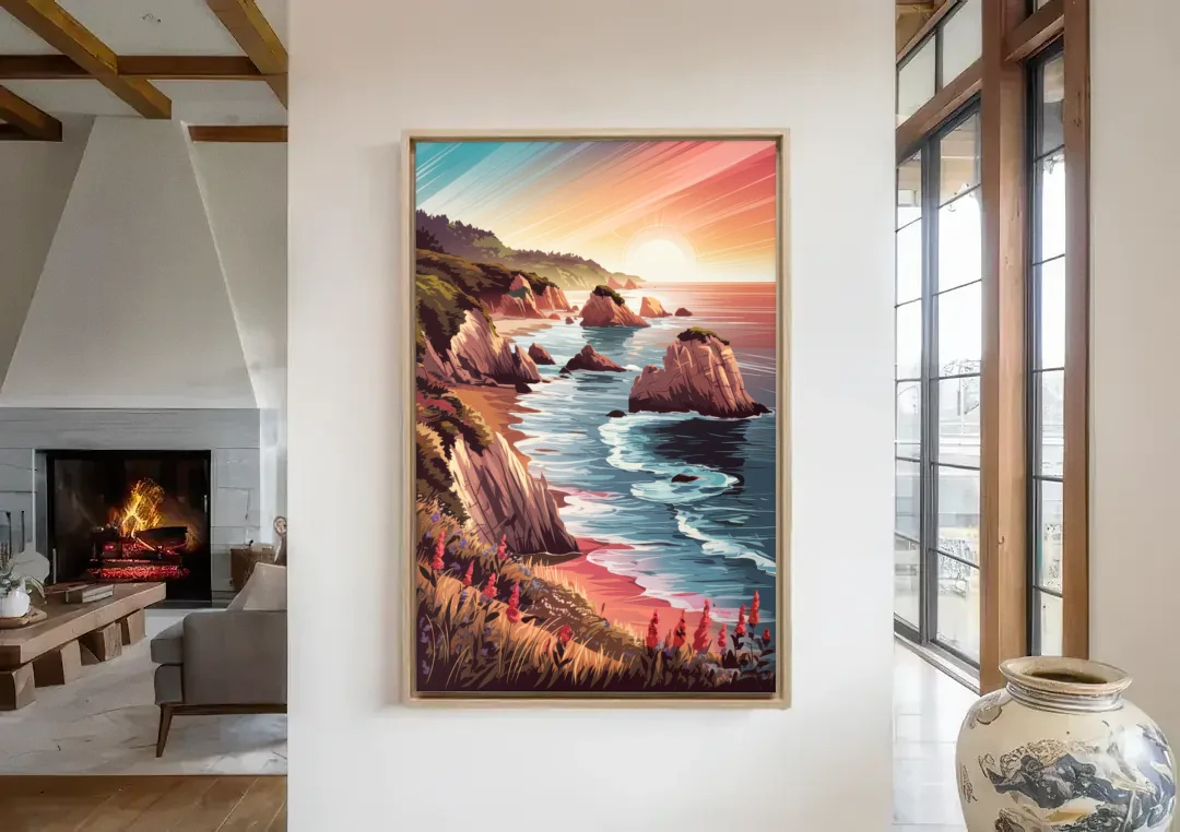 Big Sur Coastal Sunset canvas wall art in a living room with a fireplace