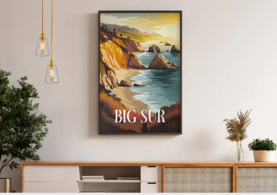 Big Sur Golden Hour canvas wall art above a wooden sideboard under pendant lights