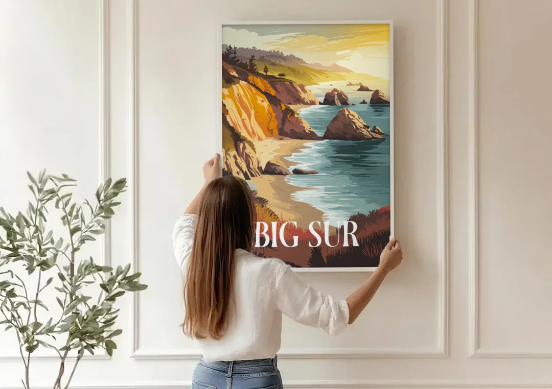 Big Sur Golden Hour canvas wall art being hung on a paneled wall