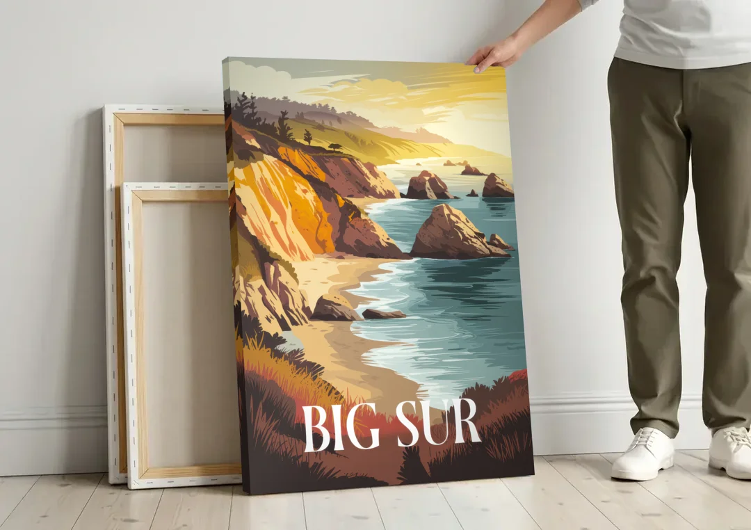 Big Sur Golden Hour canvas wall art leaning against a wall next to blank canvases