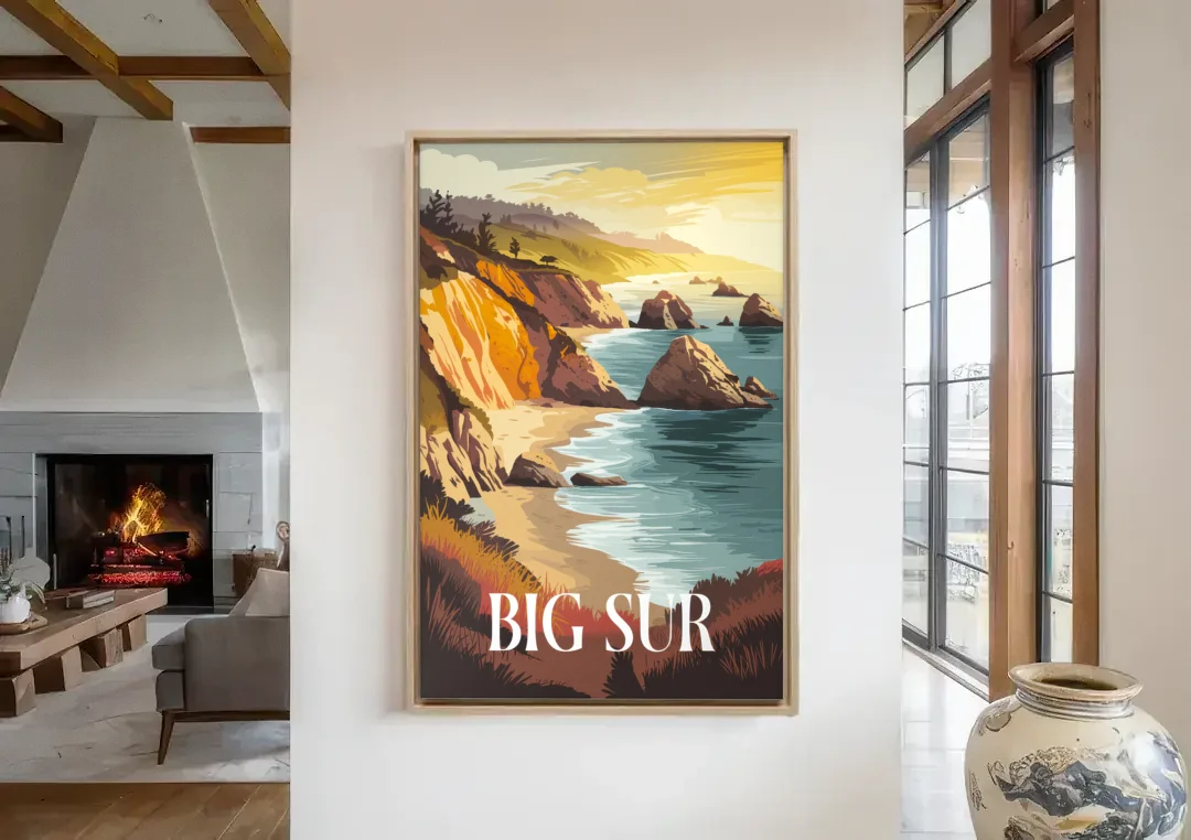 Big Sur Golden Hour canvas wall art in a living room with a fireplace