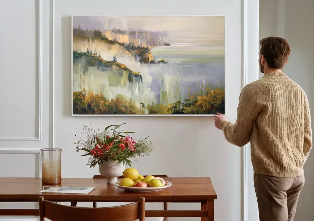Big Sur Morning Fog canvas wall art above a dining table