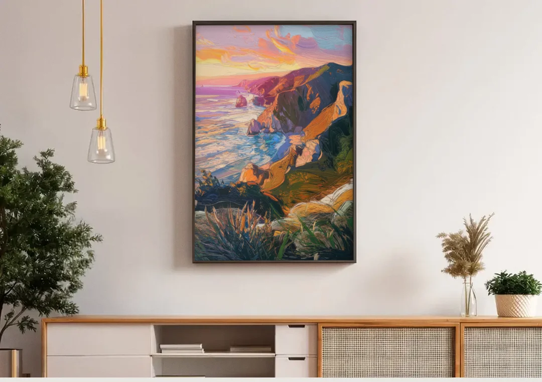 Big Sur Mountain Views canvas wall art above a wooden sideboard under pendant lights
