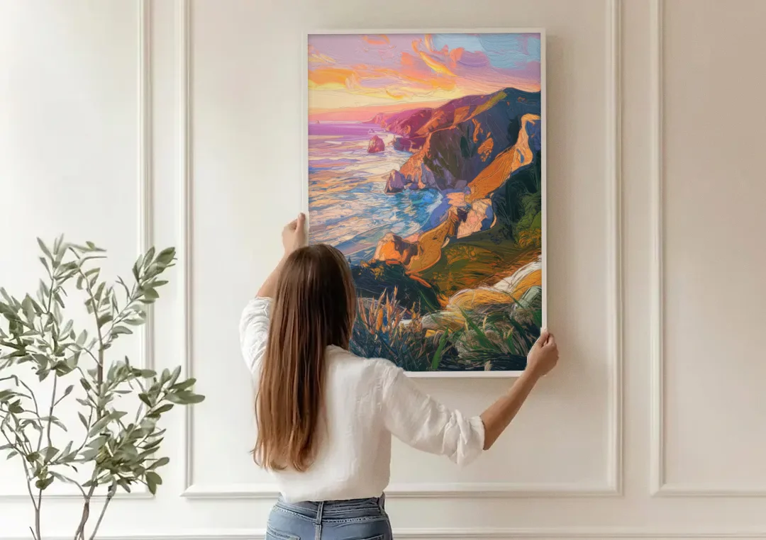 Big Sur Mountain Views canvas wall art being hung on a paneled wall