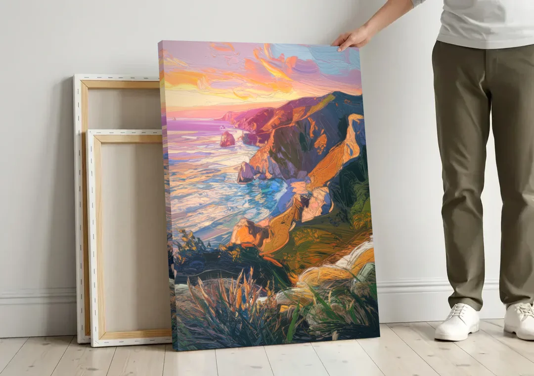 Big Sur Mountain Views canvas wall art leaning against a wall next to blank canvases