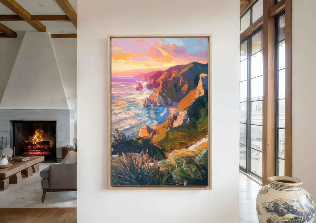 Big Sur Mountain Views canvas wall art in a living room with a fireplace