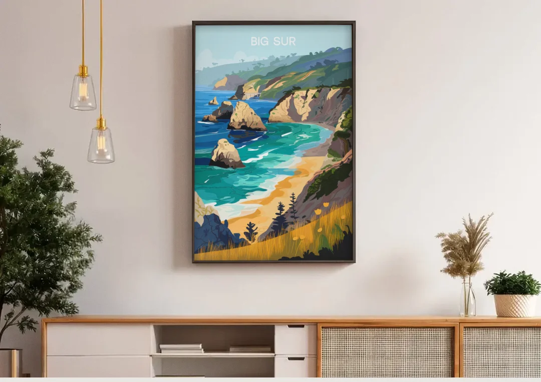 Big Sur Nature Escape canvas wall art above a wooden sideboard under pendant lights