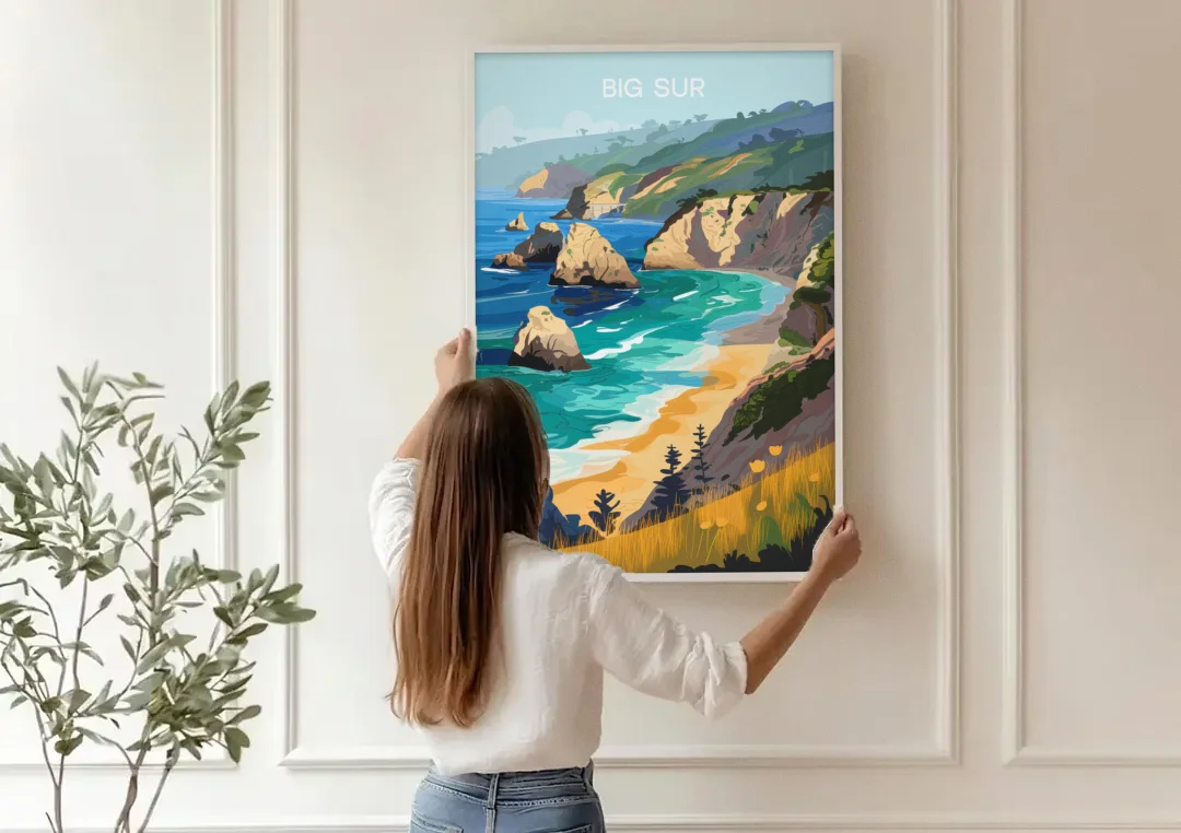 Big Sur Nature Escape canvas wall art being hung on a paneled wall