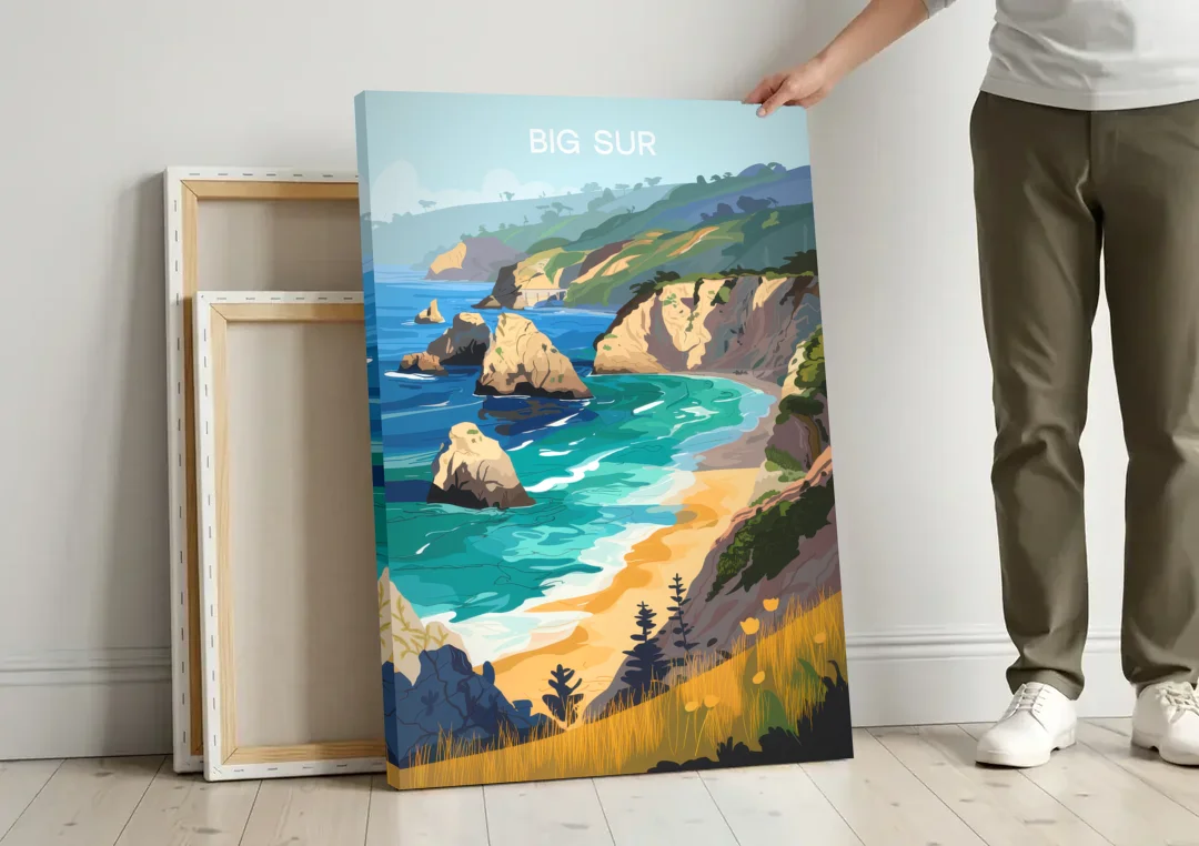 Big Sur Nature Escape canvas wall art leaning against a wall next to blank canvases