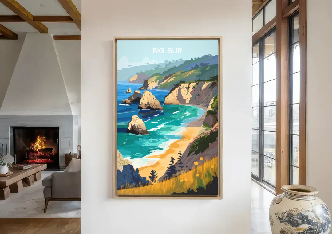 Big Sur Nature Escape canvas wall art in a living room with a fireplace