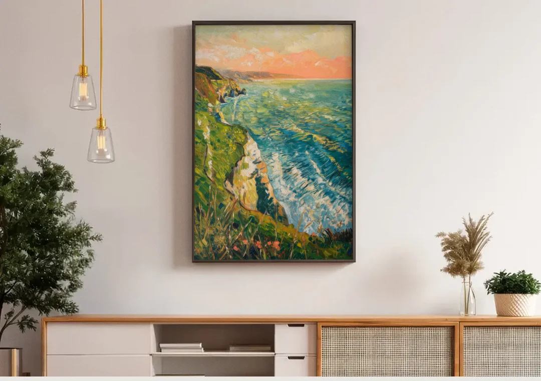 Big Sur Ocean Cliffs canvas wall art above a wooden sideboard under pendant lights