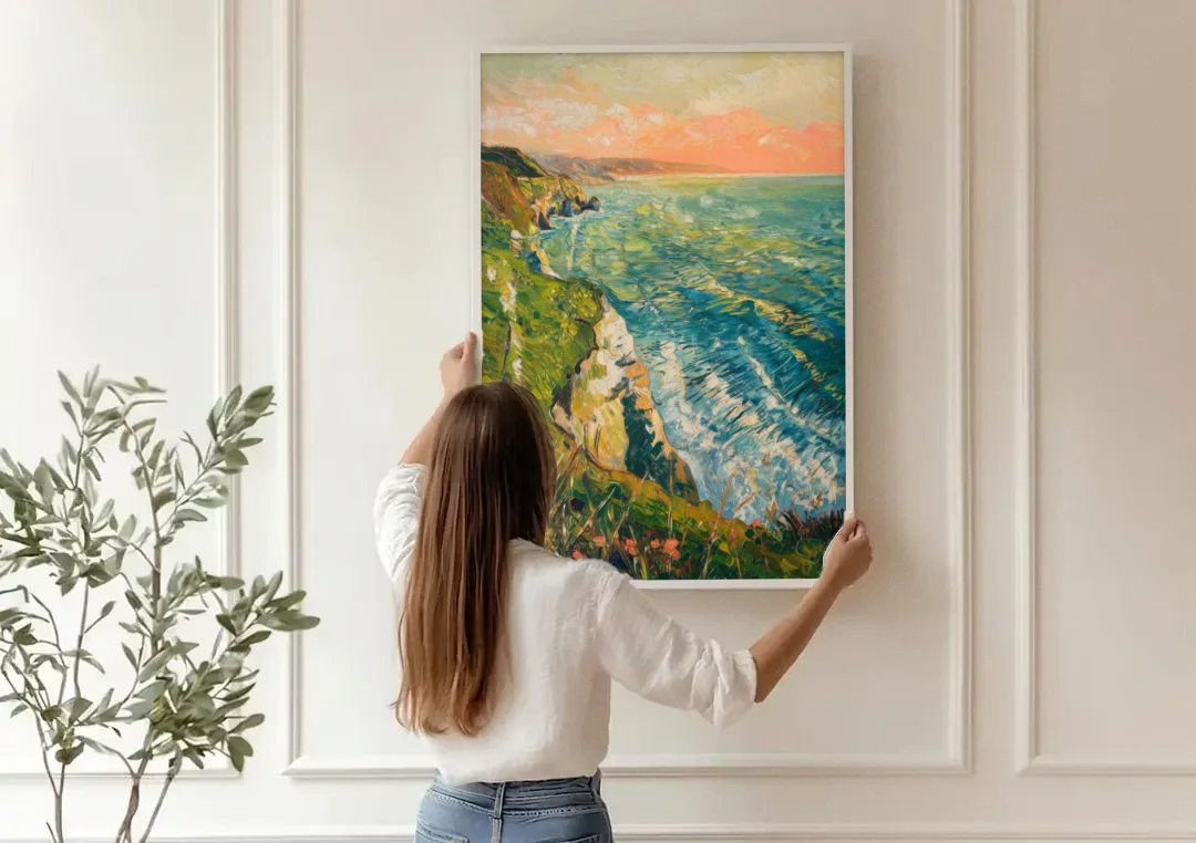 Big Sur Ocean Cliffs canvas wall art being hung on a paneled wall