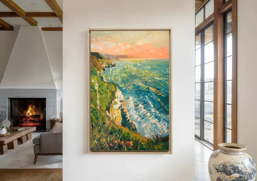 Big Sur Ocean Cliffs canvas wall art in a living room with a fireplace
