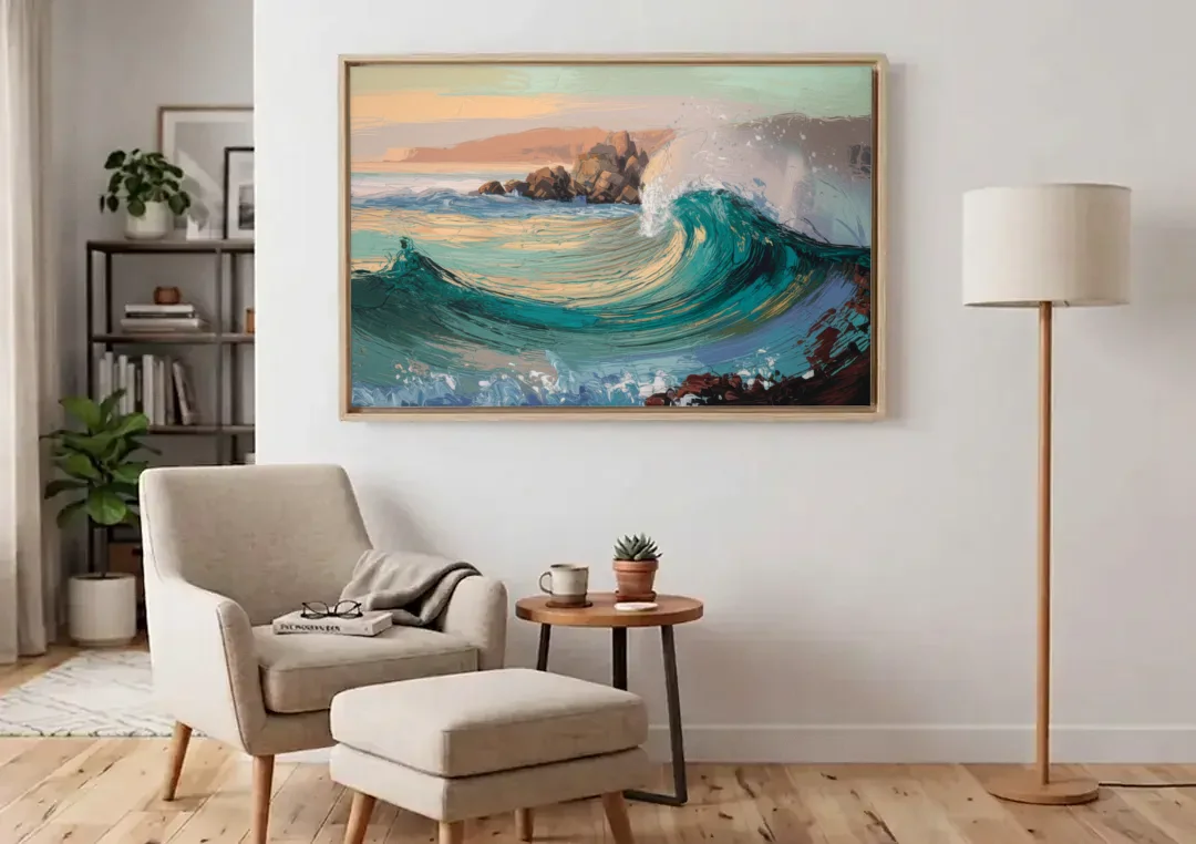 Big Sur Pacific Waves canvas wall art above an armchair in a bright living room