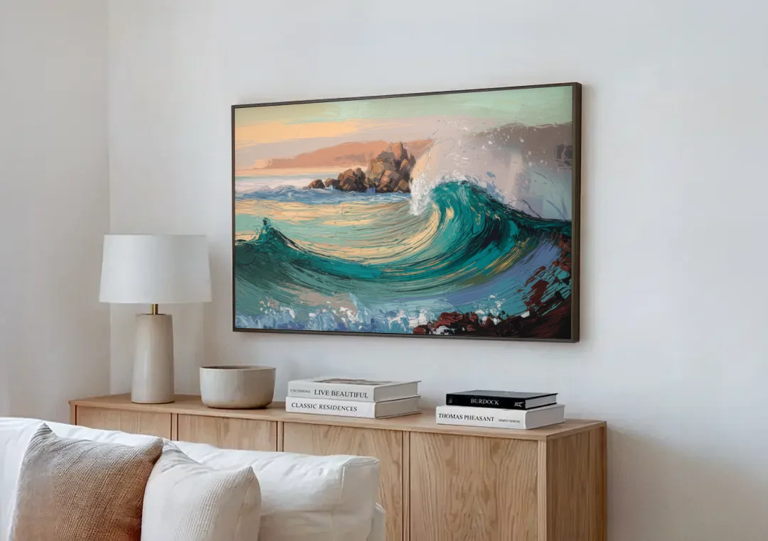 Big Sur Pacific Waves canvas wall art above a wooden sideboard next to a sofa