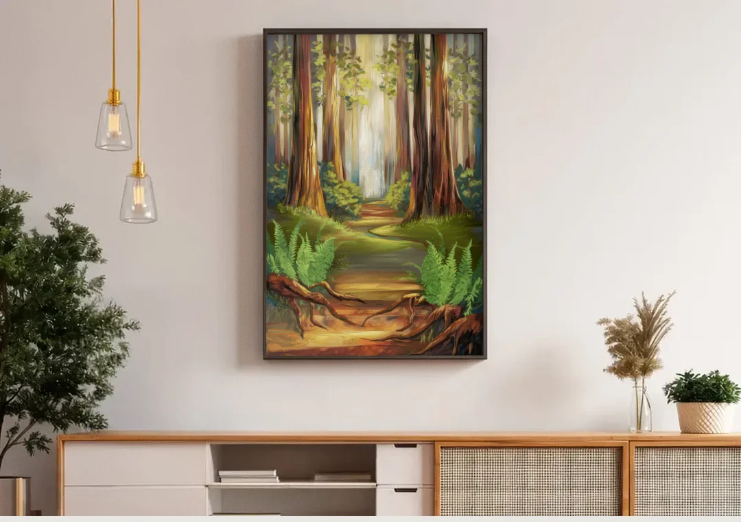 Big Sur Redwood Forest canvas wall art above a wooden sideboard under pendant lights