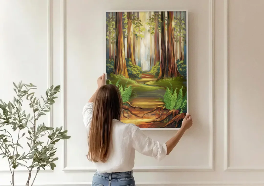 Big Sur Redwood Forest canvas wall art being hung on a paneled wall