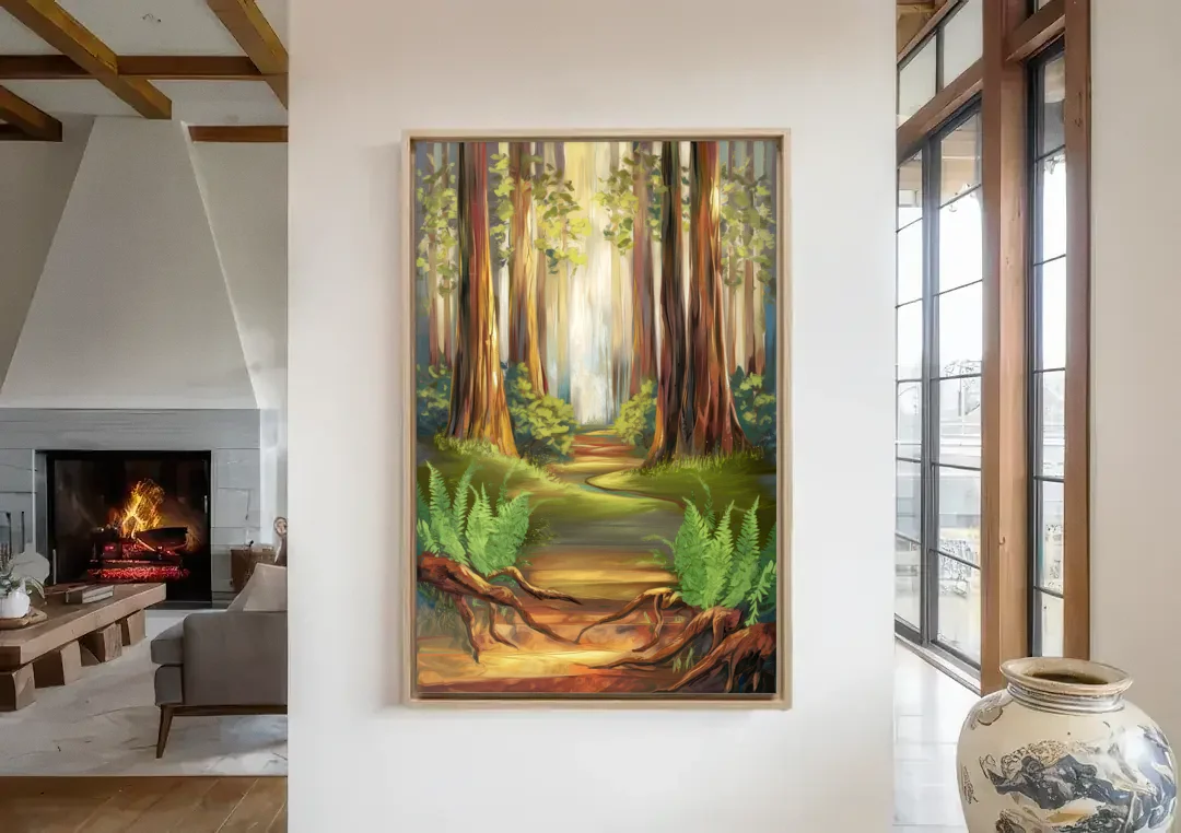 Big Sur Redwood Forest canvas wall art in a living room with a fireplace