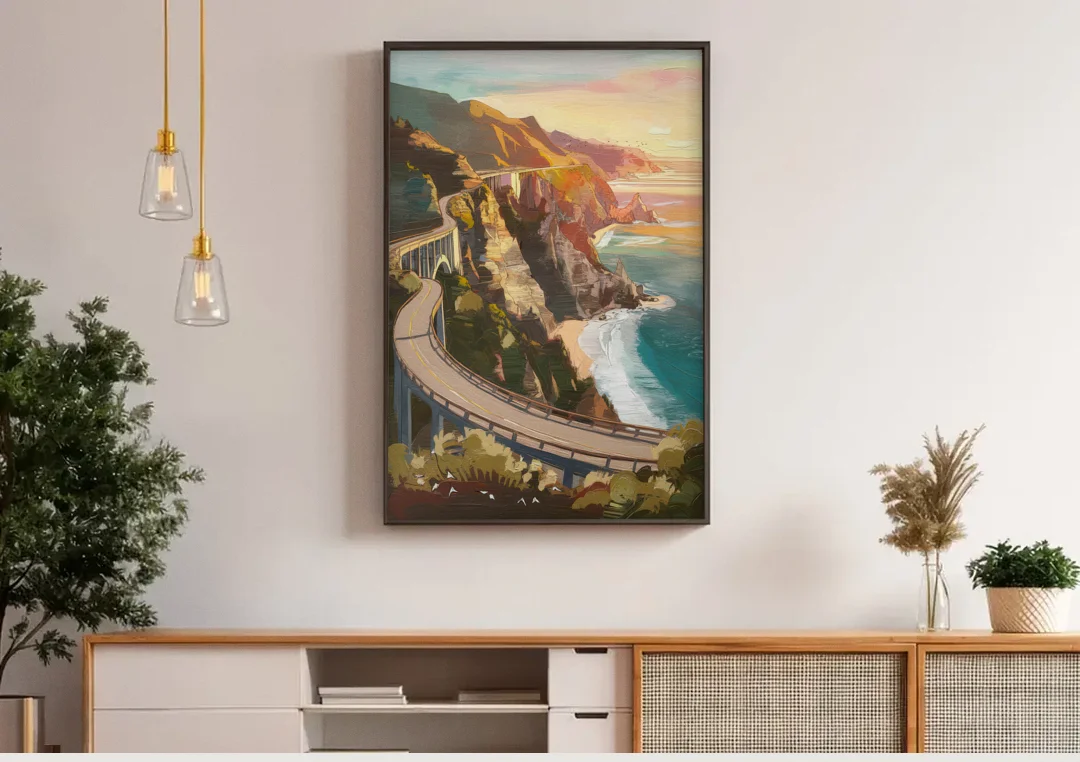 Big Sur Scenic Highway canvas wall art above a wooden sideboard under pendant lights
