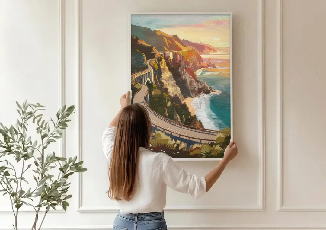 Big Sur Scenic Highway canvas wall art being hung on a paneled wall