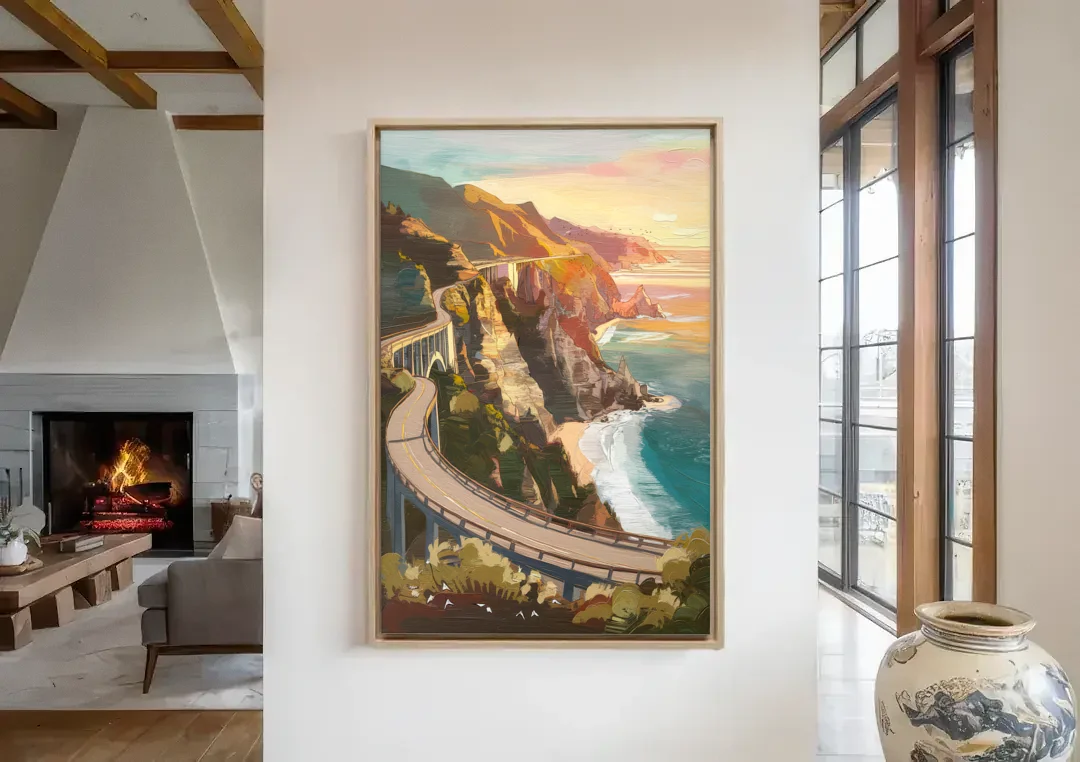Big Sur Scenic Highway canvas wall art in a living room with a fireplace