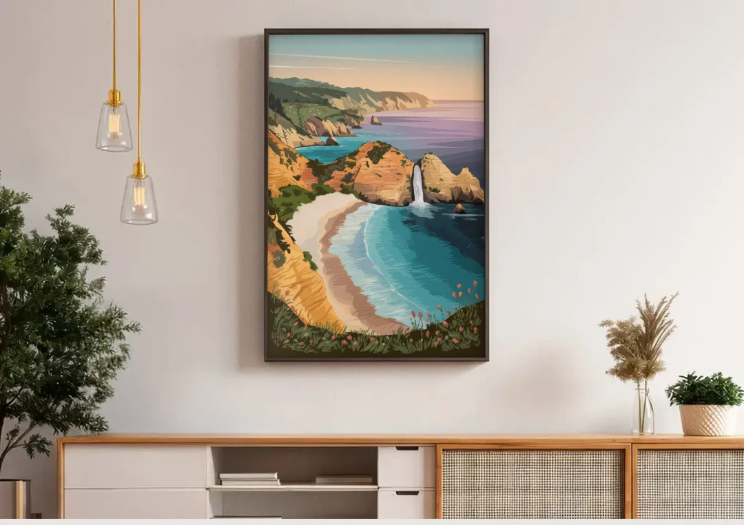 Big Sur Serene Landscape canvas wall art above a wooden sideboard under pendant lights